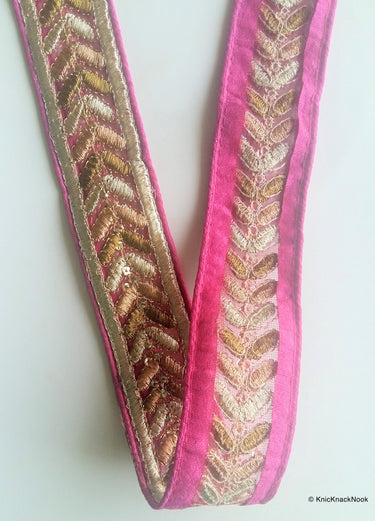 Wholesale Pink Silk Fabric Trim With Gold Embroidery, Herringbone Trim, Indian